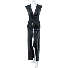 1970's Loris Azzaro Black Sequin Silk-Satin Plunging Hourglass Evening Gown