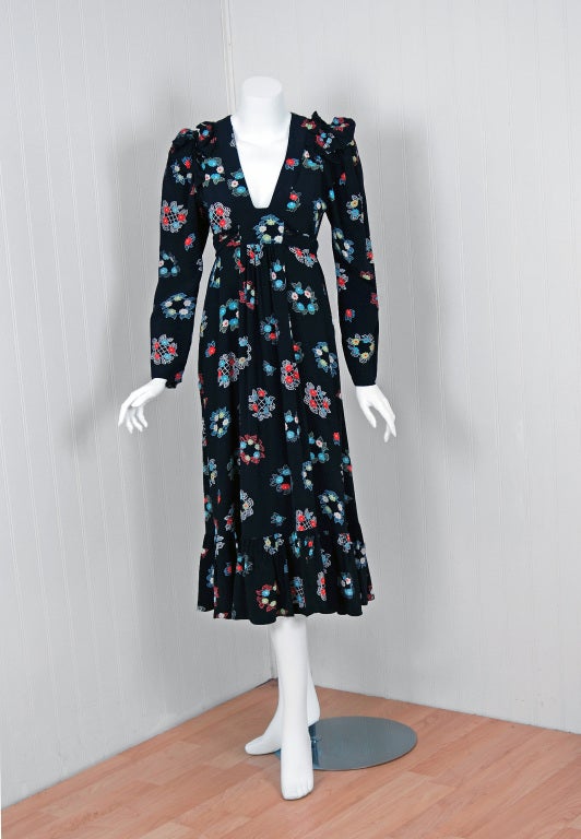 1970's Ossie Clark Colorful Celia Birtwell Silk-Print Tea Dress
