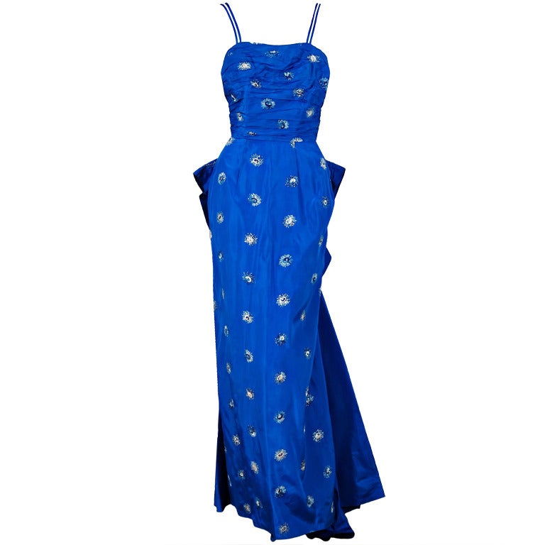 1950's Metallic PeacockBlue Embroidered Taffeta Trained Evening Gown