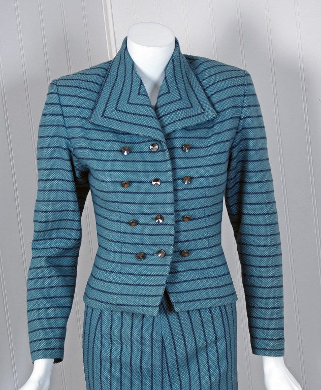 1940's Baby-Blue and Navy Striped Wool Hourglass Wiggle Skirt Suit at ...