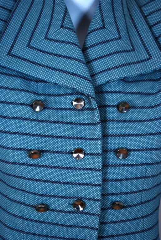 1940's Baby-Blue & Navy Striped Wool Hourglass Wiggle Skirt Suit In Excellent Condition In Beverly Hills, CA