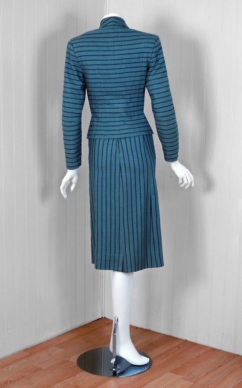 Women's 1940's Baby-Blue & Navy Striped Wool Hourglass Wiggle Skirt Suit