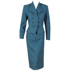 Vintage 1940's Baby-Blue & Navy Striped Wool Hourglass Wiggle Skirt Suit