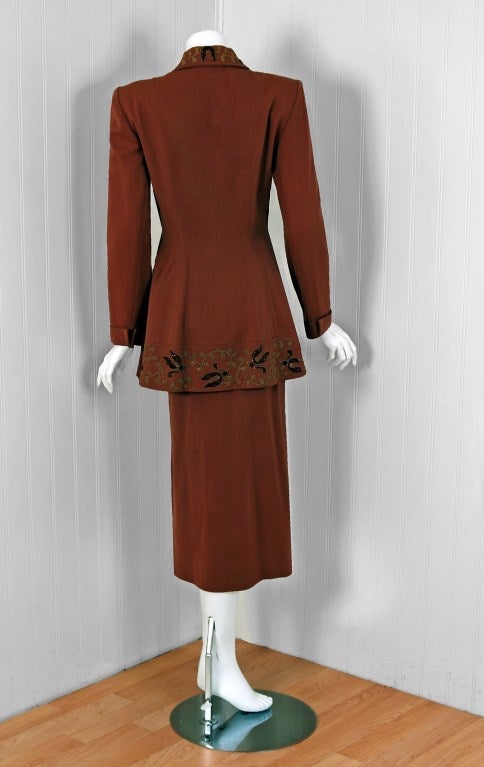 Women's 1940's Elegant Mocha-Brown Beaded Soutache Gabardine Cocktail Suit