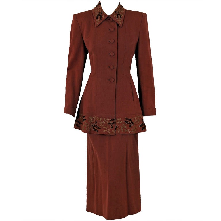 1940's Elegant Mocha-Brown Beaded Soutache Gabardine Cocktail Suit