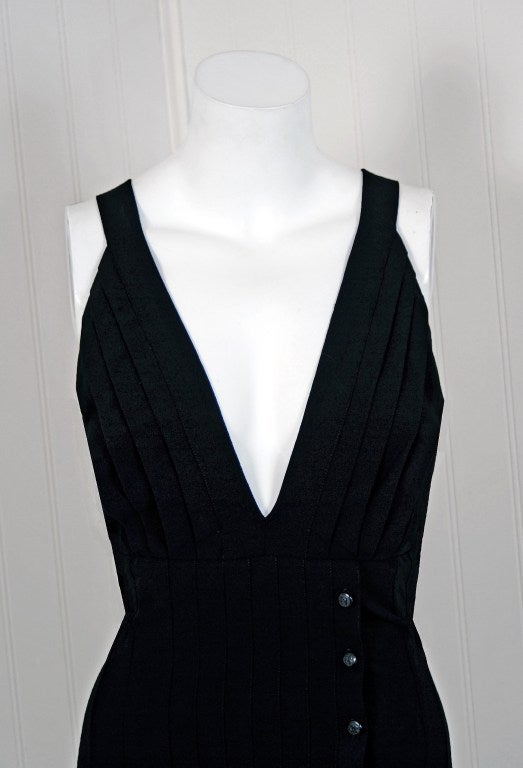 2003 Chanel Black Low-Cut Plunge Silk Rayon Pleated Seductive Cocktail Dress In Excellent Condition In Beverly Hills, CA