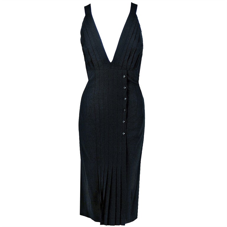 2003 Chanel Black Low-Cut Plunge Silk Rayon Pleated Seductive Cocktail Dress