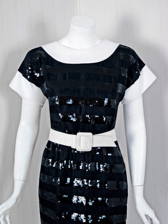 1989 Givenchy Black Sequin Silk-Organza & White Linen Cocktail Dress