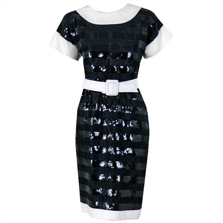 1989 Givenchy Black Sequin and White Linen Cocktail Dress