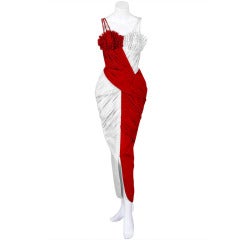 1950's Seductive Red & White Hourglass Shelf-Bust Ruched Evening Gown