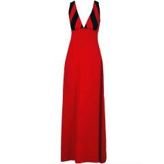 1970's Vera Mont Paris Red & Black Stripe Crepe Shelf-Bust Plunge Maxi Dress 8