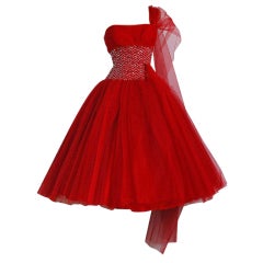 1950's Ruby-Red Sequin Tulle Strapless Circle-Skirt Party Dress