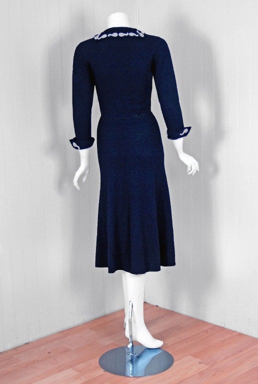 Women's 1940's Elegant Beaded Navy-Blue Hourglass Hand-Knit Wool Swing Dress