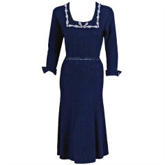 Vintage 1940's Elegant Beaded Navy-Blue Hourglass Hand-Knit Wool Swing Dress