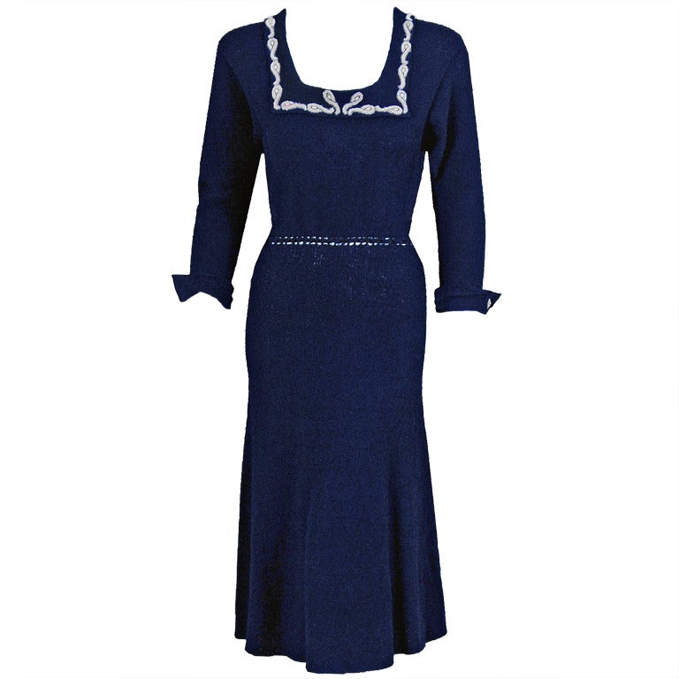 1940's Elegant Beaded Navy-Blue Hourglass Hand-Knit Wool Swing Dress