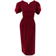 Vintage 1950's Burgundy-Red Ombre Velvet Sculpted Rose Sleeves Cocktail Wiggle Dress