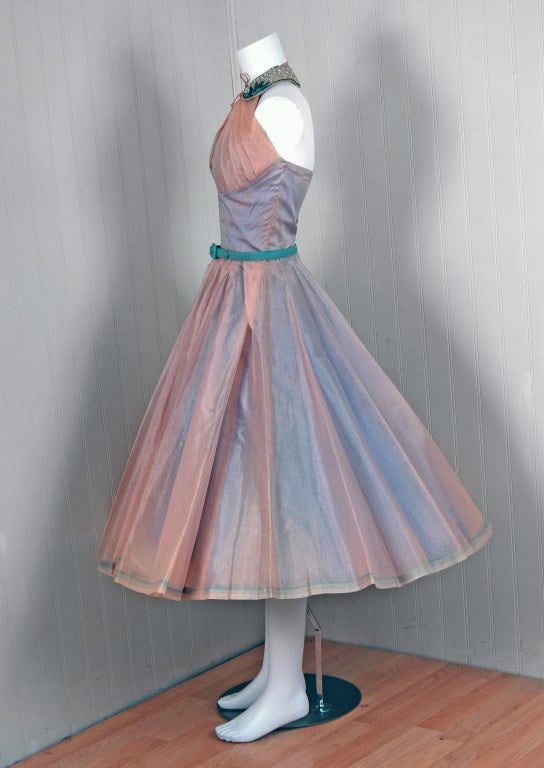 Women's 1950's Lilli Diamond Irridescent Blue Pink Silk Organza Halter Party Dress