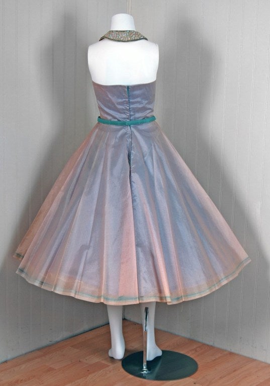 1950's Lilli Diamond Irridescent Blue Pink Silk Organza Halter Party Dress 1