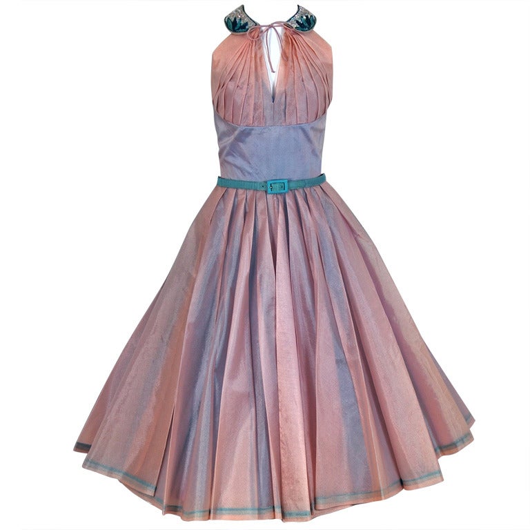 1950's Lilli Diamond Irridescent Blue Pink Silk Organza Halter Party Dress