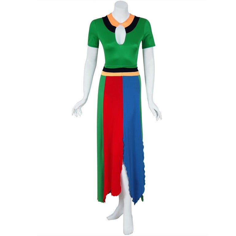 1970's Sant' Angelo Colorful Jersey Bodysuit & Handkerchief-Skirt Dress
