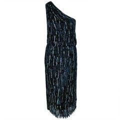 Vintage 1970's Halston One-Shoulder Asymmetric Beaded Black Silk Cocktail Dress