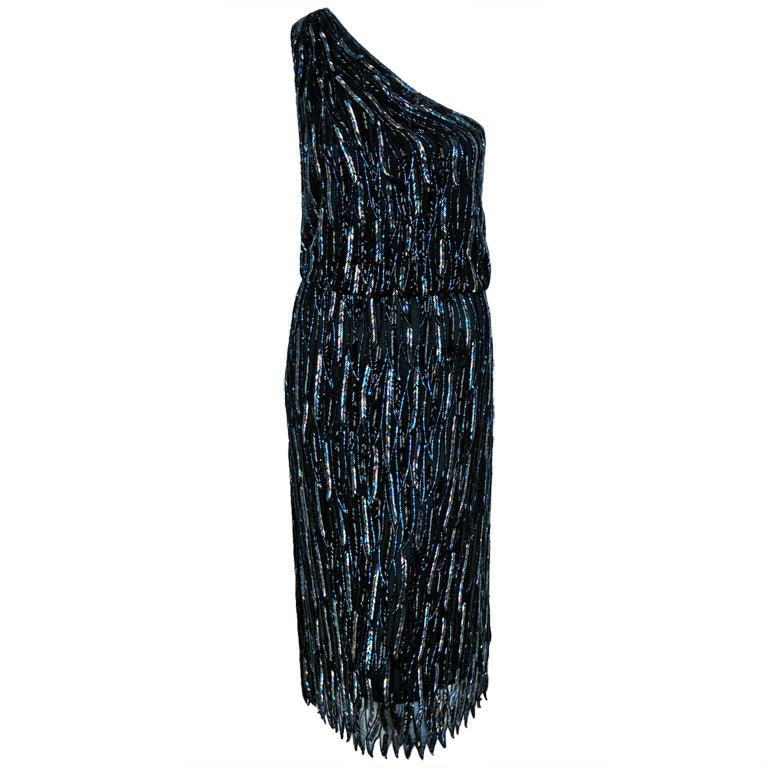 1970's Halston One-Shoulder Asymmetric Beaded Black Silk Cocktail Dress ...