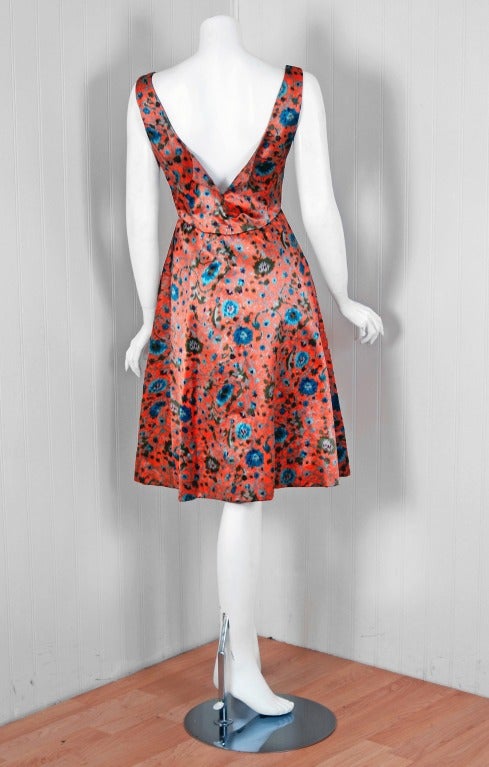 Women's 1950's Jeanne Lanvin Castillo Haute-Couture Watercolor Floral-Satin Party Dress