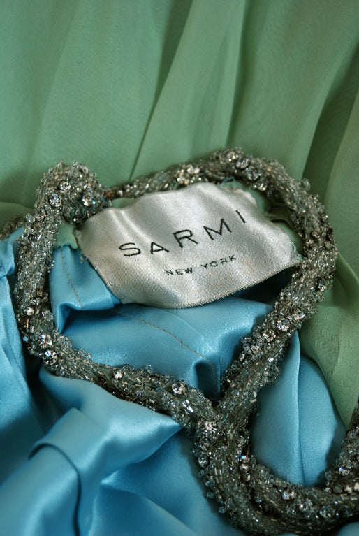 Blue 1960's Sarmi Seafoam Green Rhinestone Silk-Chiffon Empire Plunge Grecian Gown