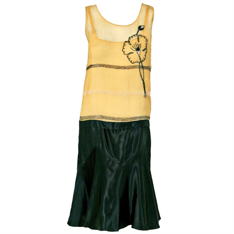 1920's Elegant Beaded Floral Motif Yellow Chiffon and Black Satin