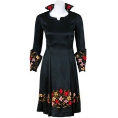 1920's Elegant Floral Embroidered Black Satin Poet-Sleeves Deco Flapper Dress