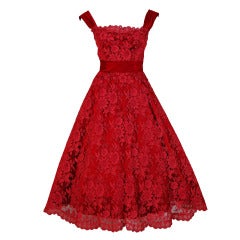 1950's Harvey Berin Red Chantilly-Lace & Satin Full Scalloped Party Dress