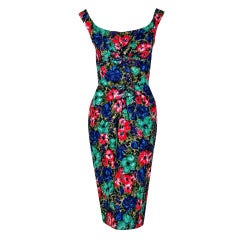 Retro 1950's Ceil Chapman Watercolor Floral Print-Cotton Shelf-Bust Wiggle Dress