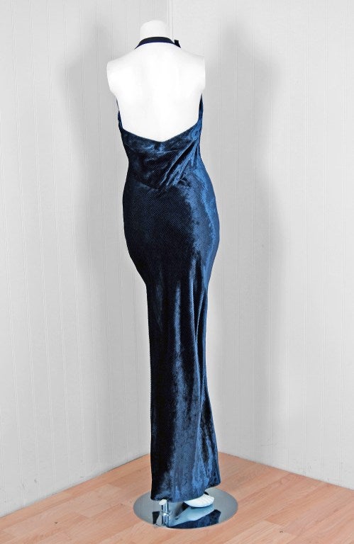 Women's 1990's Christian Dior Seductive Navy-Blue Velvet Bias-Cut Halter Evening Gown