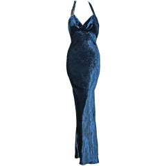 1990's Christian Dior Seductive Navy-Blue Velvet Bias-Cut Halter Evening Gown