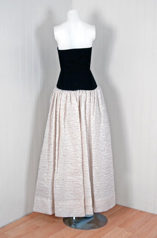 1970's Lanvin Elegant Black & White Silk Avant-Garde Strapless Evening Gown 1