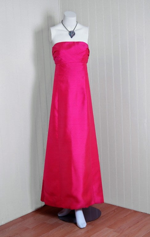 1960's Helena Barbieri Fuchsia-Pink Silk Sculpted Strapless Gown