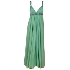 1960's Sarmi Seafoam-Green Rhinestone Silk-Chiffon Empire Plunge Grecian Gown 9