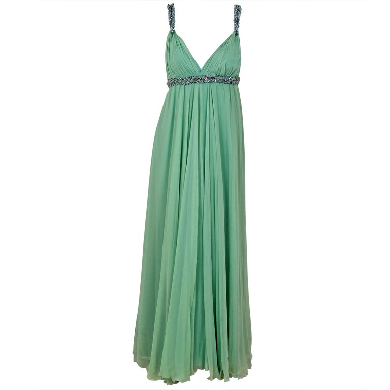 1960's Sarmi Seafoam Green Rhinestone Silk-Chiffon Empire Plunge Grecian Gown