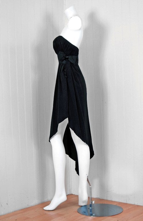 1990's Chanel Black Silk-Chiffon Strapless Shelf-Bust Asymmetric Cocktail Dress