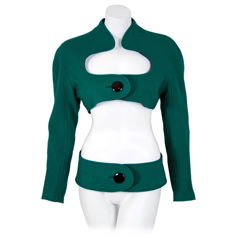 1980
s Junko Koshino Avant-Garde Grün Wolle Cut-Out Futuristische Jacke