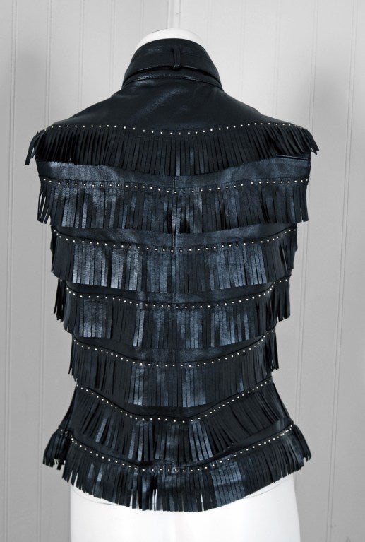 1990's Versace Couture Fringe Studded Leather Biker Jacket Vest 1