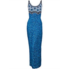 Retro 1950's Gene Shelly Royal-Blue Beaded Sequin Hourglass Evening Gown