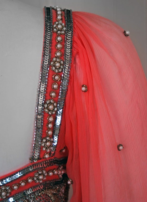 1970's Heavily-Beaded Sequin Pink Silk Chiffon Empire Bohemian Evening Gown In Excellent Condition In Beverly Hills, CA