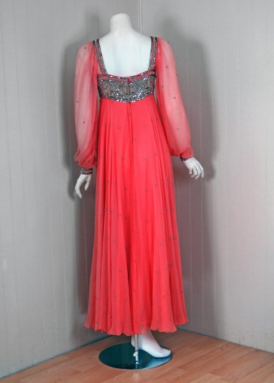 Women's 1970's Heavily-Beaded Sequin Pink Silk Chiffon Empire Bohemian Evening Gown