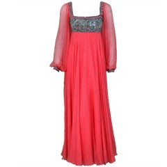 1970's Heavily-Beaded Sequin Pink Silk Chiffon Empire Bohemian Evening Gown