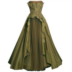 Vintage 1950's Fred Perlberg Marigold Green-Yellow Taffeta Strapless Evening Gown