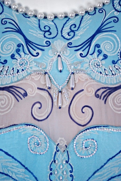 1970's Zandra Rhodes Ice-Blue Beaded Hand-Painted Silk Chiffon Dress In Excellent Condition In Beverly Hills, CA