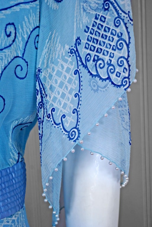 Women's 1970's Zandra Rhodes Ice-Blue Beaded Hand-Painted Silk Chiffon Dress