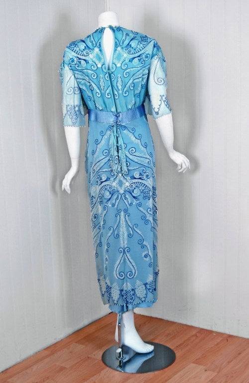 1970's Zandra Rhodes Ice-Blue Beaded Hand-Painted Silk Chiffon Dress 1