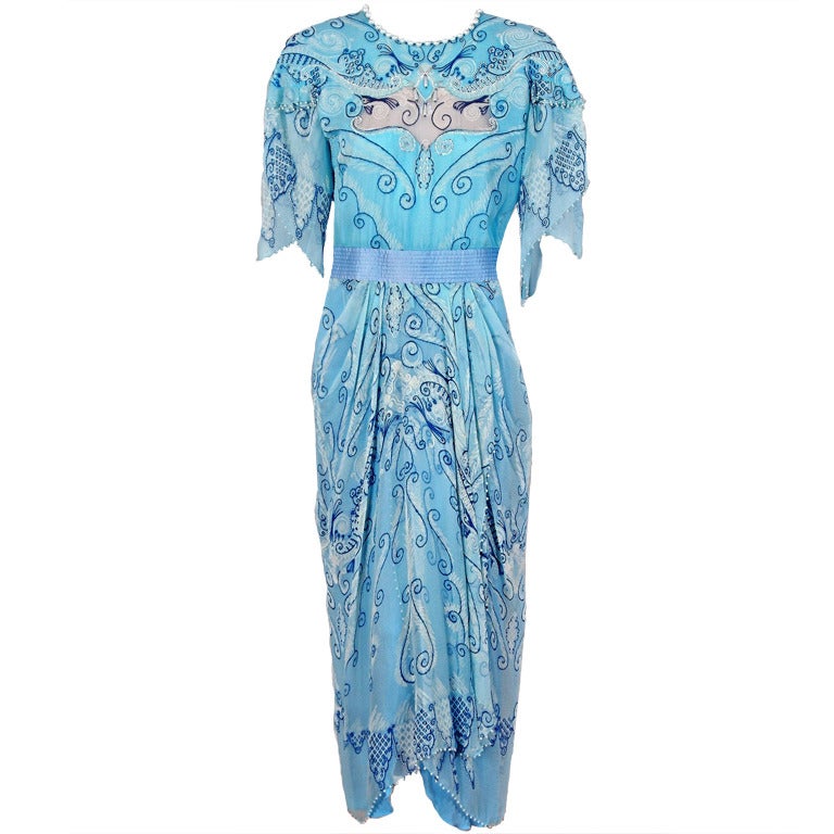 1970's Zandra Rhodes Ice-Blue Beaded Hand-Painted Silk Chiffon Dress